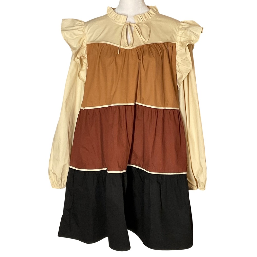 LOVELO tiered ruffle babydoll dress Boho Cottage Coquette cotton brown L NWT